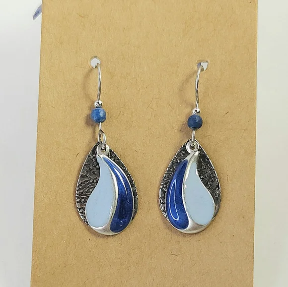 Silver Etched Floral & Metallic Blue Swirl Layered Dangle Earrings - Picture 4 of 10